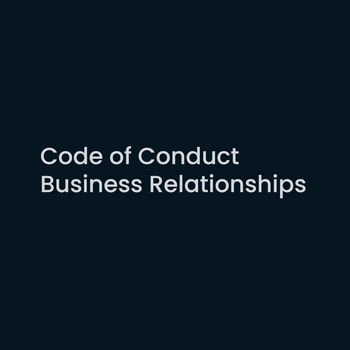Dark blue background with light grey text saying code of conduct business relationships